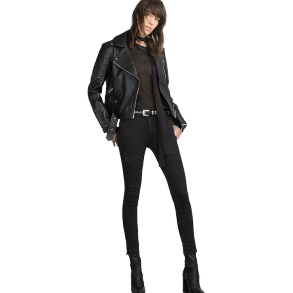Zara Black Quilted Genuine Sheep Leather Cropped Moto Biker Blogger Jacket XS